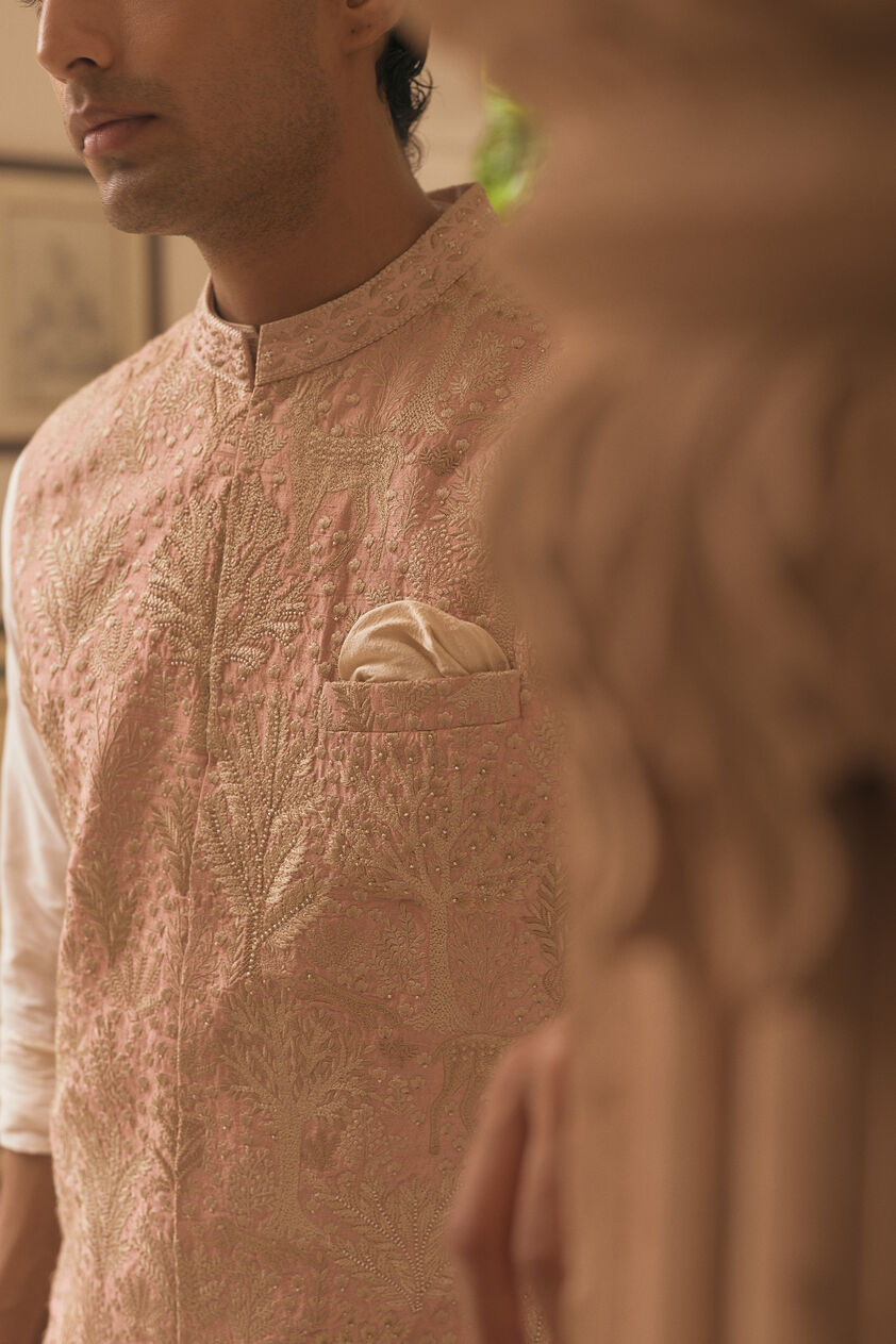 Kirav Embroidered Silk Nehru Jacket - Blush, Blush, image 4